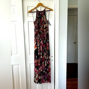Long halter evening dress. Multi color, abstract floral with gold dots.